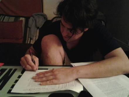 Roman Payne correcting the manuscript for The Wanderess in Paris, summer of 2014